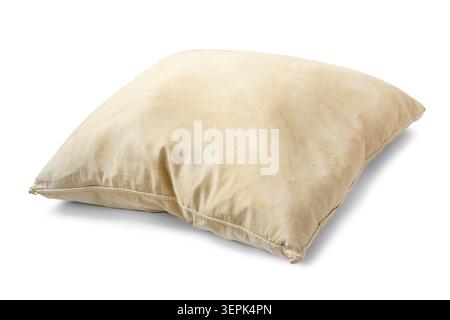 Old yellow feather pillow isolated on white background Stock Photo