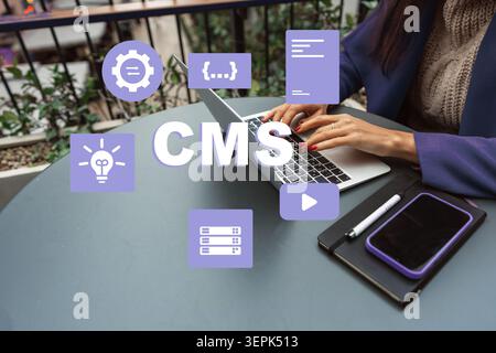 Exploring features of a content management system on a laptop at a workspace Stock Photo
