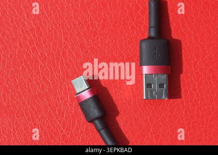 Closeup view of a black braided USB charging cable with red metallic accents on a bright red background Stock Photo