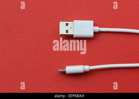Top down closeup view of a white USB to Lightning charging cable over a vibrant red textured background Stock Photo