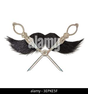 Vintage barber scissors with black mustache isolated on a white background Stock Photo