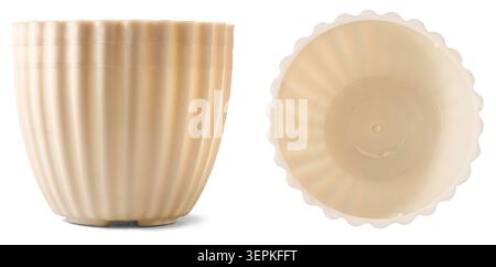 empty beige ribbed plastic flower pots isolated white background, set of planters or gardening containers in different angles Stock Photo
