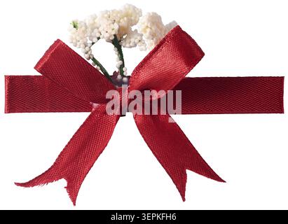 dark red satin ribbon bow with small artificial flowers tucked in center isolated white background, elegant decorative knot for designing Stock Photo