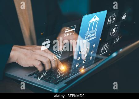 Close up of businessman typing on laptop keyboard with secure online banking interface, entering pin code or password for mobile transaction security Stock Photo