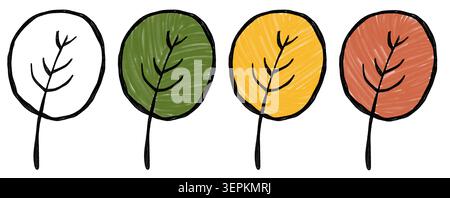 Colorful leaves are drawn with colored pencils on a white background. There are four different leaves showcasing various colors and shapes. This captu Stock Photo