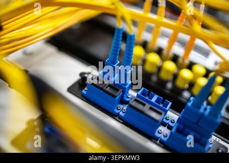 Fiber patch panel with connected optical cables in a server rack data center Stock Photo