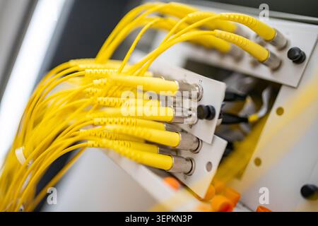 Fiber patch panel with connected optical cables in a server rack data center Stock Photo