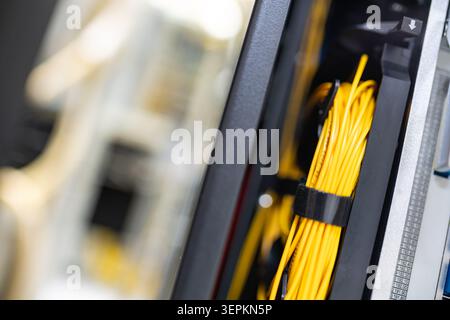 Close-up of high-density network switch chassis with fiber optic patch cords and cable labels in server room. Stock Photo