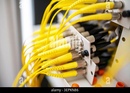 Fiber patch panel with connected optical cables in a server rack data center Stock Photo