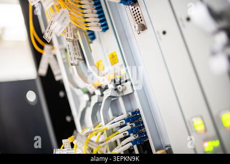 Close-up of high-density network switch chassis with fiber optic patch cords and cable labels in server room. Stock Photo