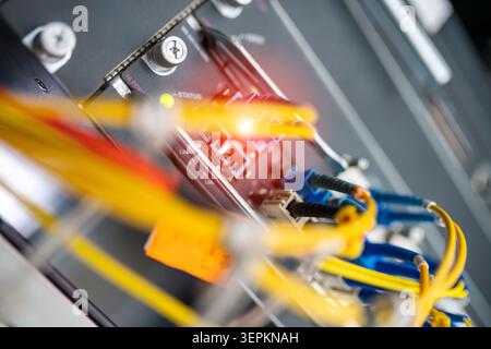 Close-up of high-density network switch chassis with fiber optic patch cords and cable labels in server room. Stock Photo