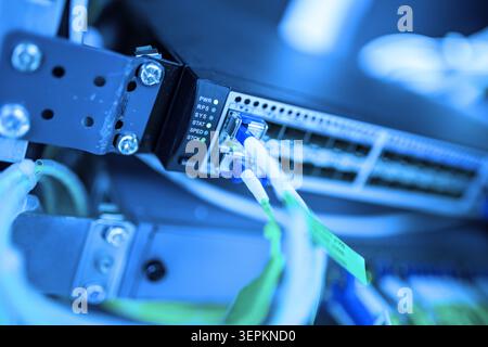 Close-up of high-density network switch chassis with fiber optic patch cords and cable labels in server room. Stock Photo