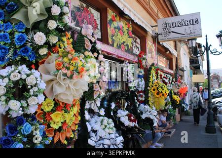 Shop for artifical flowers in a street downtown Drobeta-Turnu Severin, Romania, South-east Europe. Stock Photo