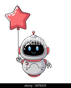 A cute robot holding a red star-shaped balloon in a minimalist style. Stock Photo