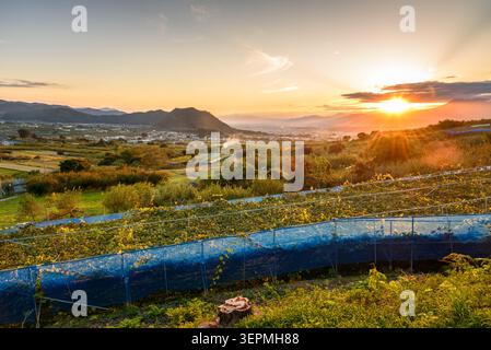 Dramatic sunset over a mountain valley with cultivated fields in autumn. Stock Photo