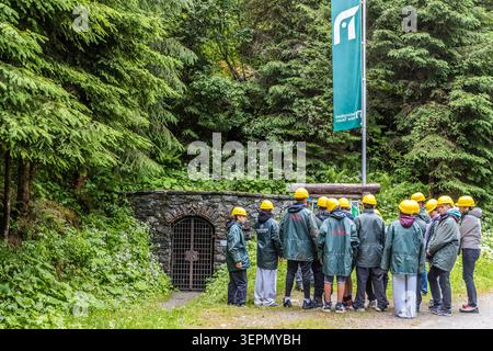 A group wearing yellow safety helmets and green rain capes is standing in front of the brick-built tunnel entrance to the Hochfeld exhibition mine in the Hohe Tauern National Park. The disused tunnel is now used for guided tours exploring the history of Alpine mining. Rosental, Neukirchen am Großvenediger, Bezirk Zell am See, Salzburg, 5741, Austria Stock Photo