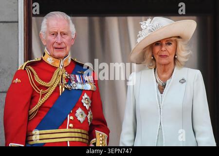 London, UK. June 2024. King Charles III and Queen Camilla appear during Trooping the Colour, the annual King's Birthday Parade, in London, England. Stock Photo