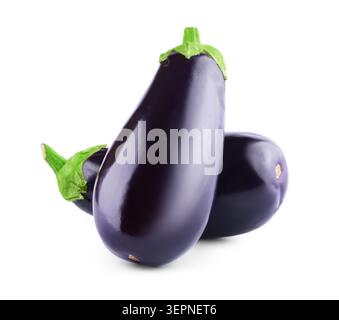 Two fresh, ripe purple eggplants with green stems isolated on a white background. Ideal for food, healthy cooking, and organic vegetable concepts. Hig Stock Photo