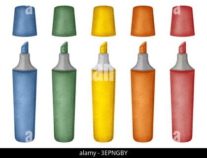Set of watercolor-illustrated colored markers with open caps, isolated on a white background. Stationery. Perfect for educational banners, fall poster Stock Photo