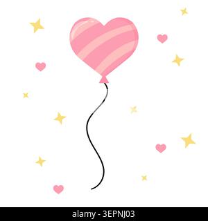 Cute light pink striped heart balloon vector illustration isolated on white background. Pastel candy sweet love flying element with yellow stars for v Stock Vector