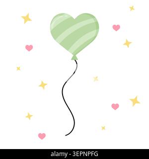 Cute light green striped heart balloon vector illustration isolated on white background. Pastel candy sweet love flying element with yellow stars for Stock Vector