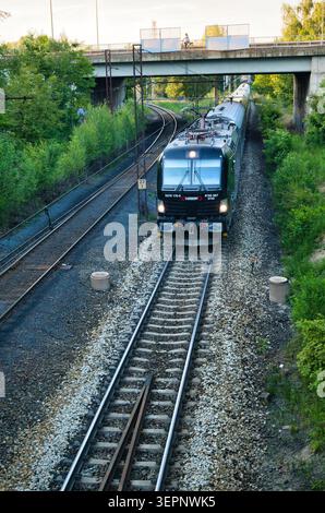 An InterCity express passenger train passes under a concrete bridge through green suburban trees. Stock Photo