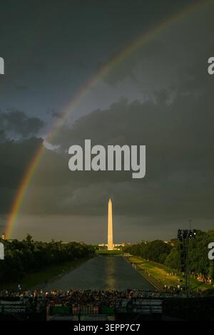 A rainbow appears over the Washington Monument and Reflecting Pool during the UFC Freedom 250 Press Conference at the Lincoln Memorial in Washington, D.C., on June 12, 2026. Image courtesy of the White House. Stock Photo