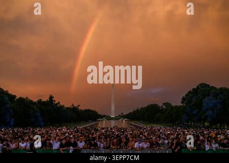 Fans gather before the Lincoln Memorial during the UFC Freedom 250 Press Conference as a rainbow appears over the Washington Monument in Washington, D.C., on June 12, 2026. Image courtesy of the White House. Stock Photo