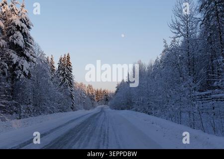 The road leads deep into a forest covered in a thick layer of snow. Tree branches glisten in the sun, and the moon hangs high in the sky. Stock Photo