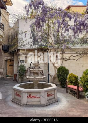 This image showcases a serene courtyard featuring a decorative fountain surrounded by lush greenery in Cappadocia, Turkey. Stock Photo