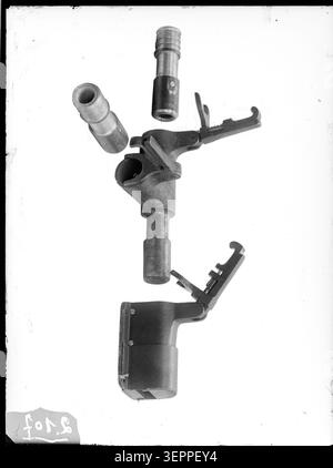 A 1929 press photograph records a dual direction electrical connector used in theatre stage systems, documenting a branching coupling component used in French stage electrical installations within early twentieth century theatrical engineering in Paris. Stock Photo