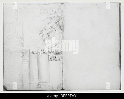 Notebook page records a transverse flute player in a drawn study by G. de Saint-Aubin, showing a solo musician exercise sheet reflecting 18th century French instrumental practice and sketchbook notation preserved in later documentation dated 1945. Stock Photo