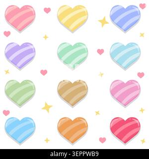 Cute colorful striped heart shape vector elements collection isolated on white background. Pastel candy sweet love icon set with stars for valentines Stock Vector