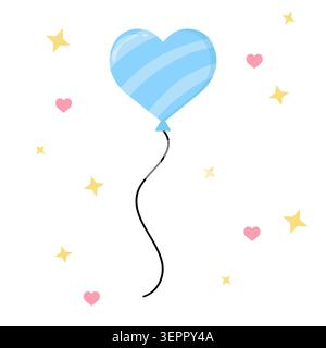 Cute bright blue striped heart balloon vector illustration isolated on white background. Pastel candy sweet love flying element with yellow stars for Stock Vector