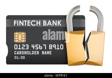 Fintech bank card with broken padlock showing financial security breach and payment vulnerability, 3d rendering isolated on white background Stock Photo
