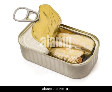 Opened sardine can with visible fish inside, isolated on a white background. Canned seafood product presented in a clean studio shot, suitable for foo Stock Photo