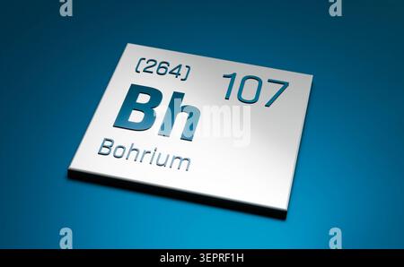 Bohrium, symbol Bh, periodic table element. Bohrium, symbol Bh, periodic table element. Science, chemical element, structure, atomic weight, atomic nu Stock Photo