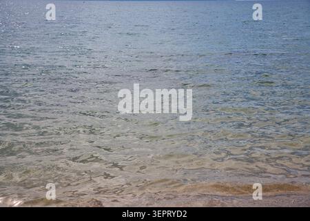 Clear Mediterranean Sea water on the French Riviera, with shallow ripples, blue surface reflections, sunlit texture and a quiet coastal holiday atmosp Stock Photo