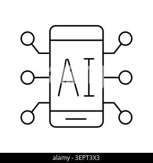 Smartphone with AI text on screen and radiating circuit lines. Vector line art illustration for artificial intelligence app icon. Stock Vector