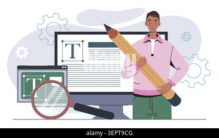 Designer with pencil near text editor. Vector illustration Stock Vector