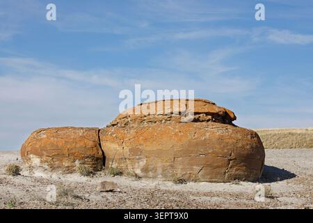 Sandstone concretion that has been eroded from the surrounding softer mudrocks in Red Rock Coulee Natural Area, Alberta, Canada Stock Photo