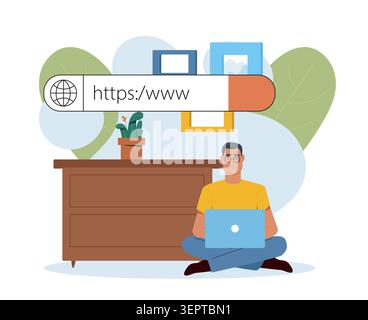 Man with laptop and search bar. Vector illustration Stock Vector