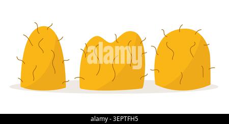 Three straw haystacks on farm field after harvest. Vector illustration for rural landscape banner, farm logo, harvest season flyer Stock Vector