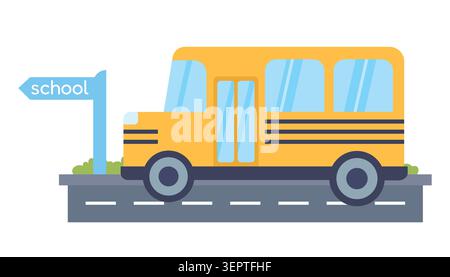 Yellow school bus parked on marked road following directional arrow sign pointing to school. Vector illustration for school safety Stock Vector