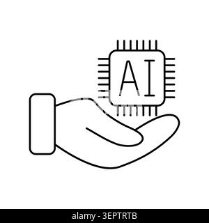 Hand holding chip with AI text. Line art vector illustration icon. AI companies branding, science magazines, educational. Stock Vector