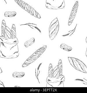 Vector seamless pattern hand drawn baguette and ciabatta in a rustic craft bag.Detailed liner sketch perfect for food blog illustrations. Minimalistic Stock Vector