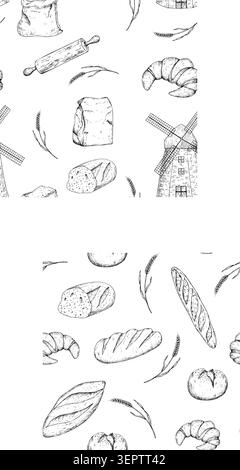 Vector seamless pattern with Windmill with craft paper bag for food, croissant, bread, wooden rolling pin and wheat. Graphic ink lunch bag Stock Vector