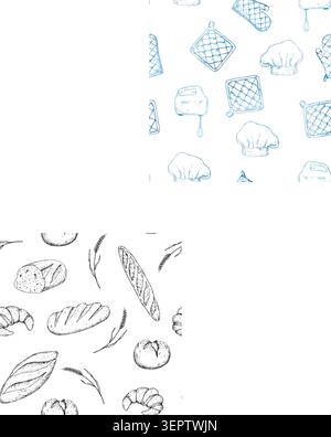 Vector seamless pattern with hand mixer, pot holders, Chef hat, Glove potholder. Graphic ink Oven Mitt, kitchen tool illustration isolated on Stock Vector
