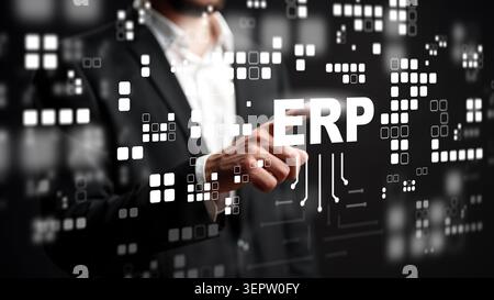 Business professional interacts with ERP system in a digital environment Stock Photo