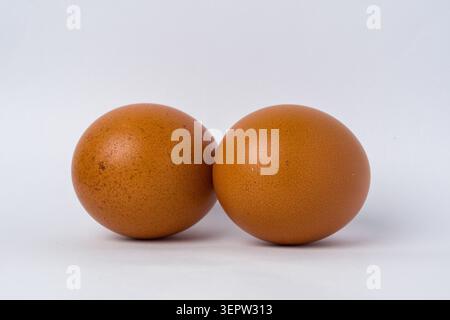 Two brown eggs sit side by side. They rest on a plain white surface. The shells show fine, natural speckles. Lighting highlights their smooth, rounded Stock Photo